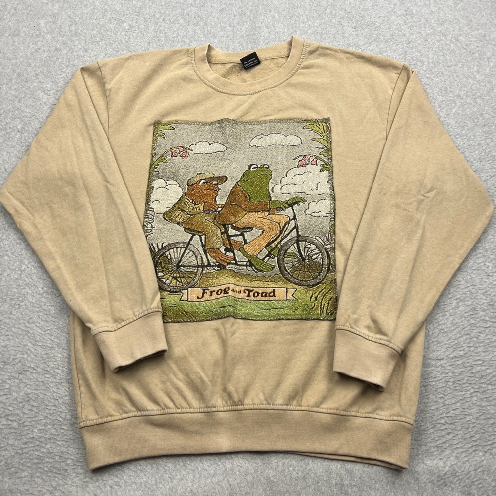 Frog‎ and Toad Tapestry Sweatshirt Mens Medium Tan Woven Patch Tandem Bike Crew
